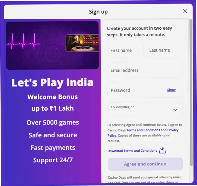 Registration form at Casino Days